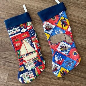VTG quilted mini Christmas stockings sailboat Davy Crockett Daniel Boone hat